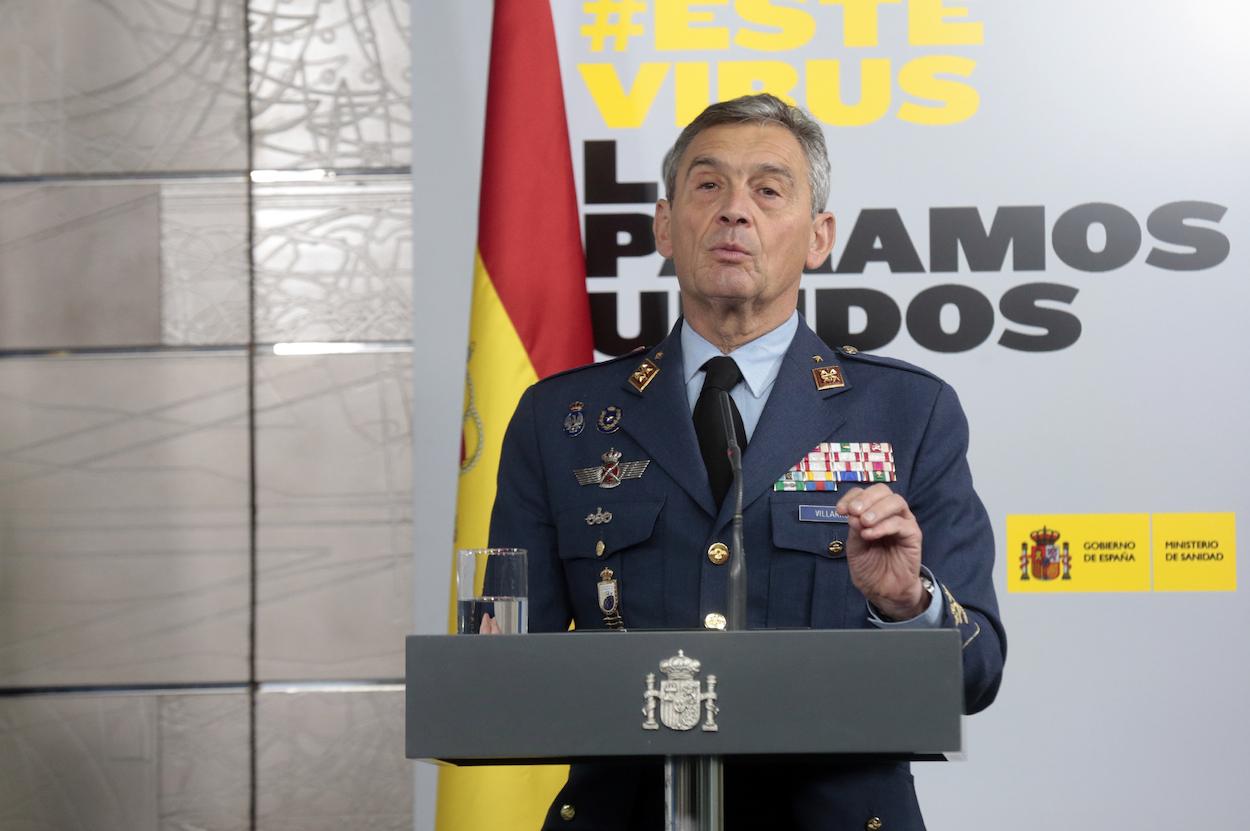 El jefe del Estado Mayor de la Defensa, Miguel Ángel Villarroya, interviene en la rueda de prensa
