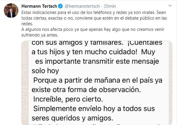 Tuit de Hermann Terstch en el que propaga un bulo