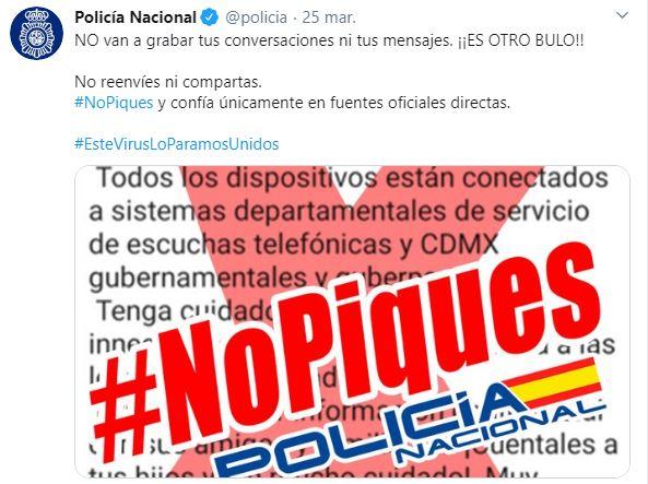 Tuit de la Policía Nacional desmintiendo un bulo