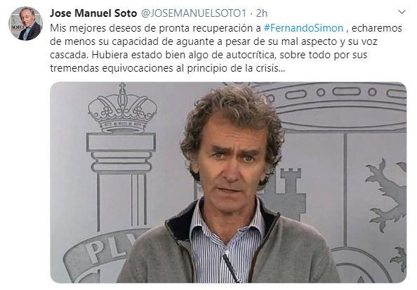 Tuit de José Manuel Soto metiéndose con Fernando Simón tras dar este positivo en coronavirus