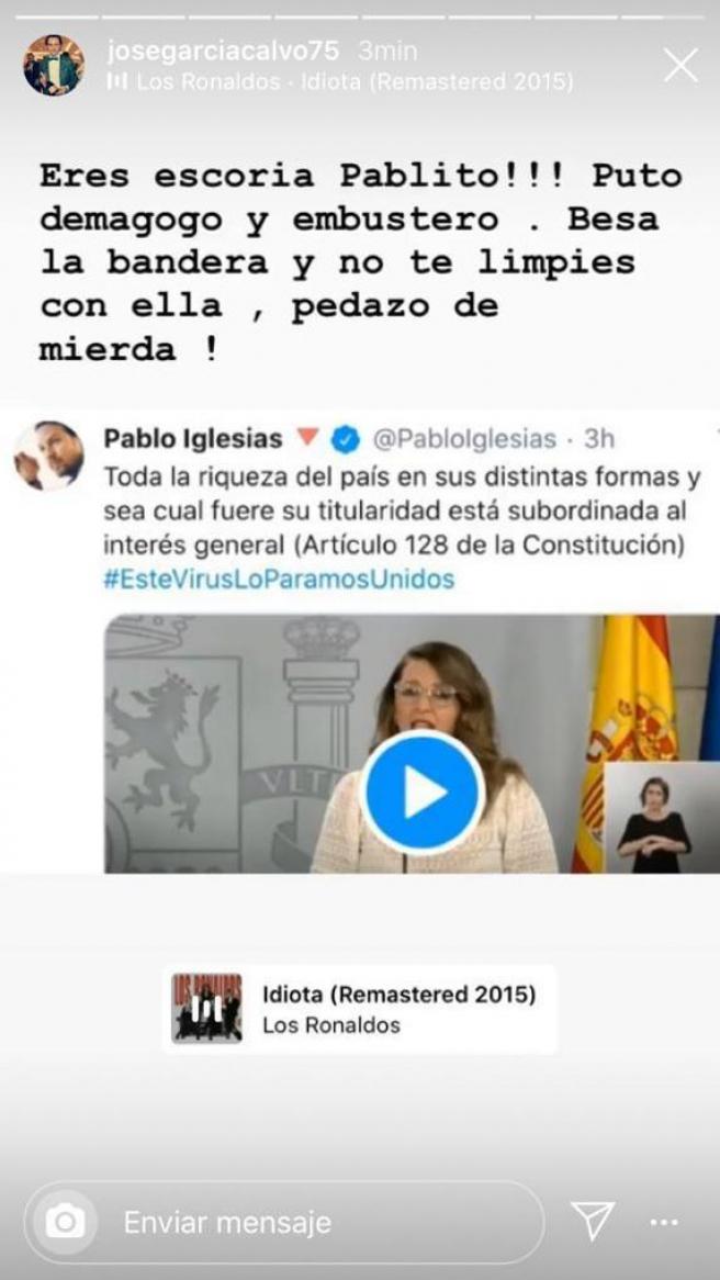 Captura de pantalla de la storie de García Calvo. Captura de pantalla de la storie de García Calvo.