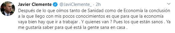 Tuit de Javier Clemente cuestionando el confinamiento impuesto por el Gobierno por la crisis del coronavirus