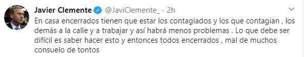 Tuit de Javier Clemente poniendo en duda el aislamiento por el coronavirus
