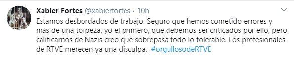 Tuit de Xabier Fortes opinando sobre la columna de Girauta en la que compara a TVE con los nazis