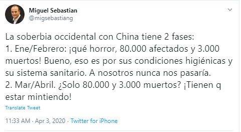Publicacion en Twitter de Miguel Sebastián, exministro de Industria, Comercio y Turismo Publicacion en Twitter de Miguel Sebastián, exministro de Industria, Comercio y Turismo