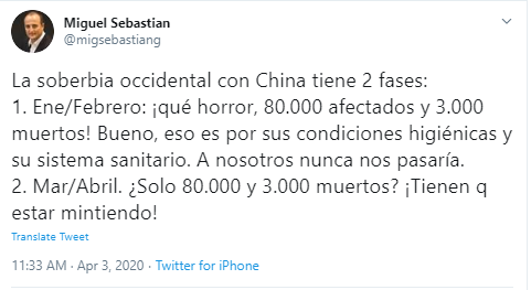 Publicacion en Twitter de Miguel Sebastián, exministro de Industria, Comercio y Turismo