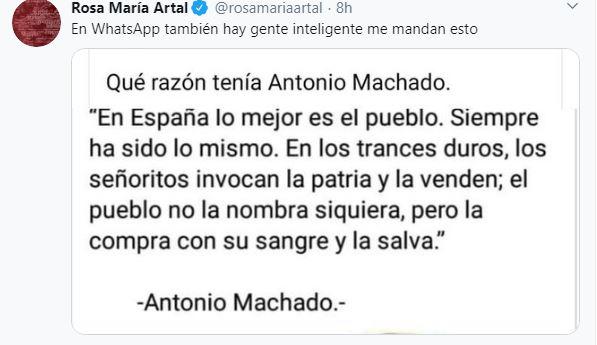 Tuit de Rosa María Artal en el que hace referencia a unas palabras escritas por el poeta Antonio Machado