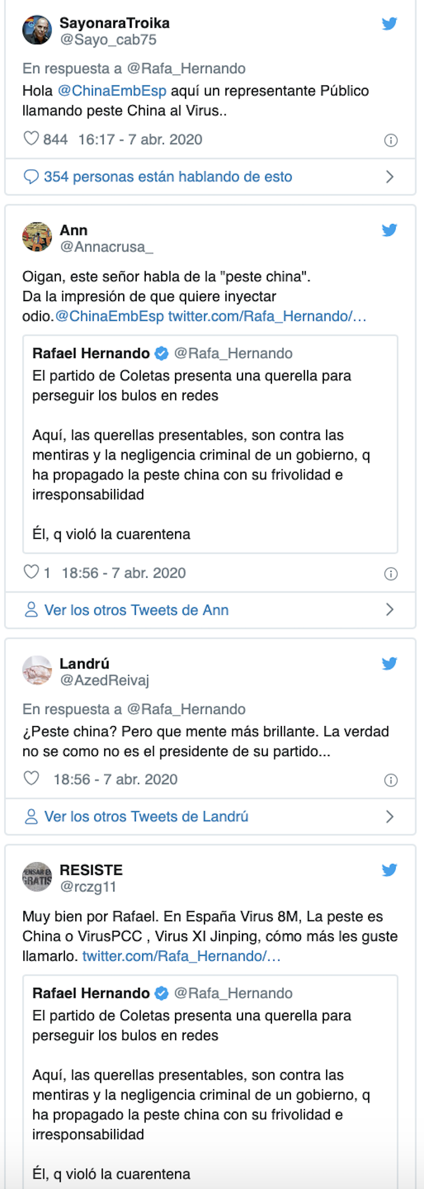 Captura de tuits contra Rafael Hernando