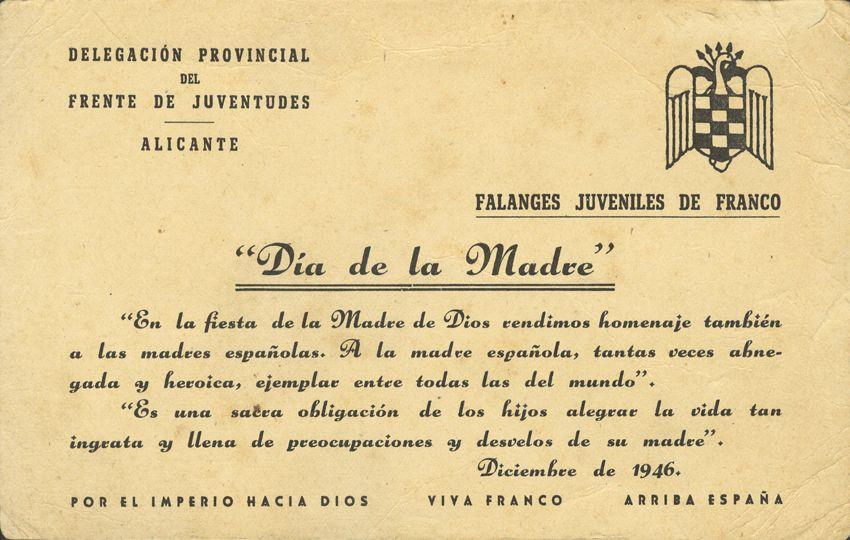 Postal del Frente de Juventudes para conmemorar el Día de la Madre