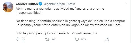 Tuit de Rufián sobre la reanudación de la actividad Tuit de Rufián sobre la reanudación de la actividad