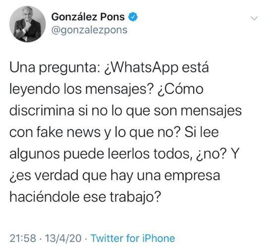 Captura del tuit de González Pons sobre la censura de WhatsApp