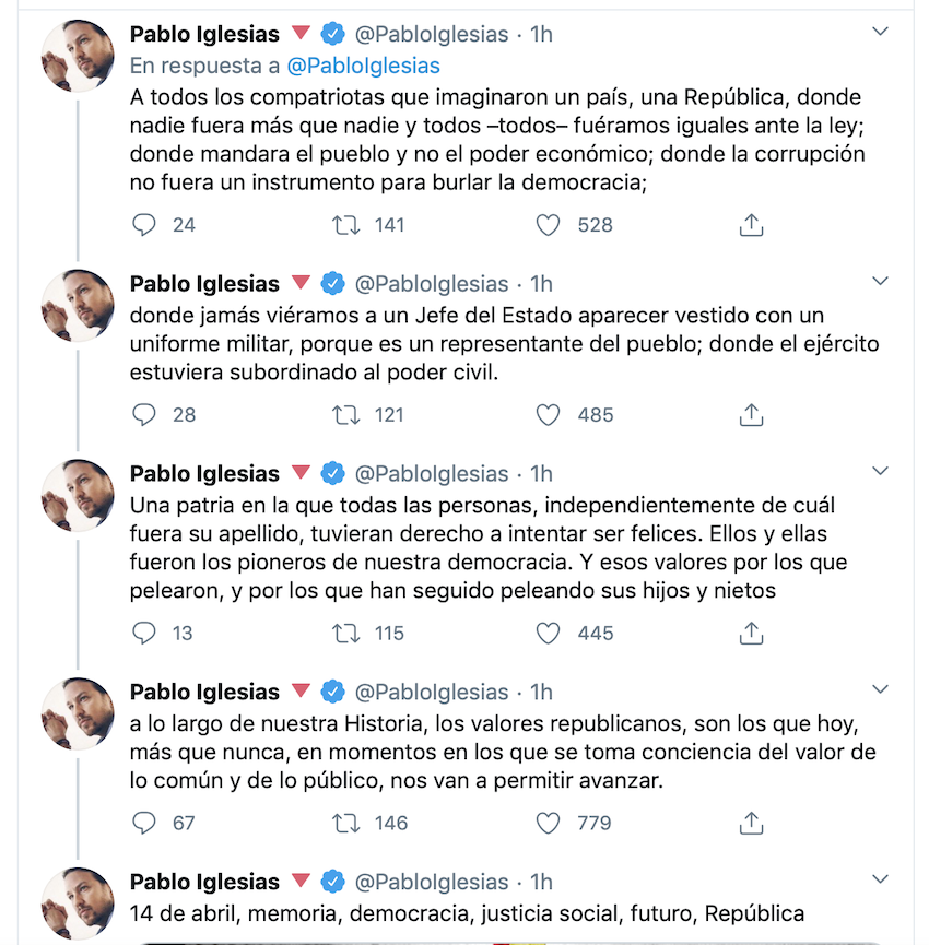 Tuits de Pablo Iglesias celebrando la II República