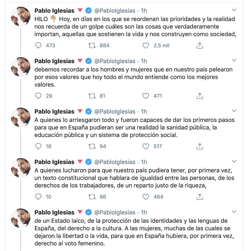 Tuits de Pablo Iglesias sobre la Segunda República