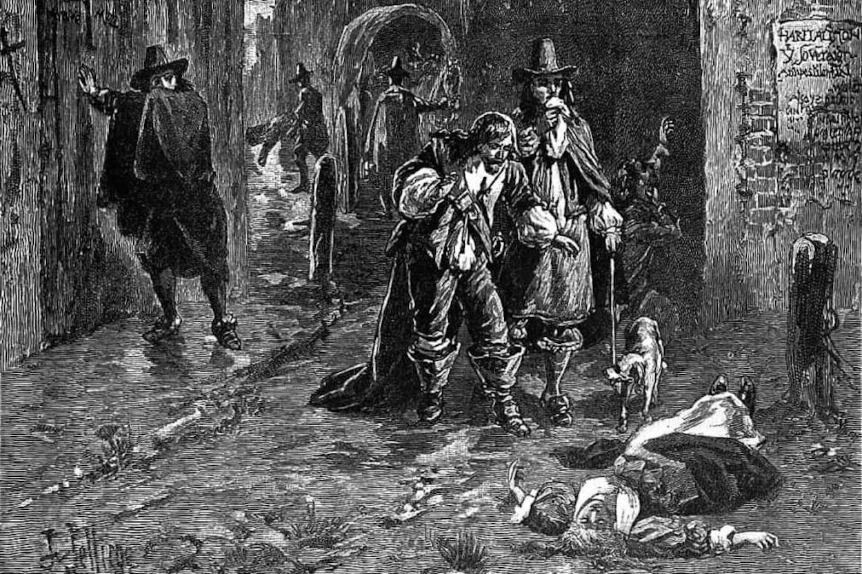 Grabado de una escena callejera de la peste que asoló Londres en 1665.