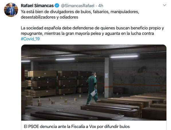 Tuit de Rafael Simancas contra Vox