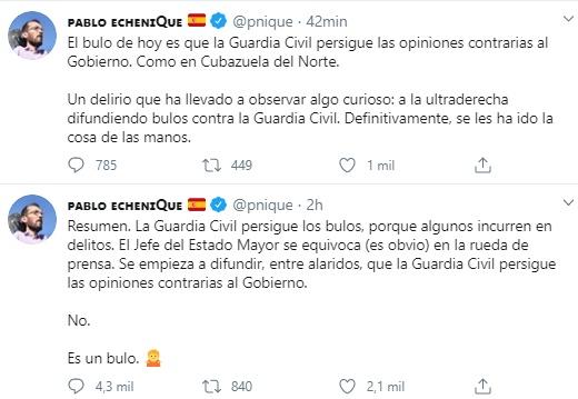 Tuit de Echenique sobre la polémica de los bulos