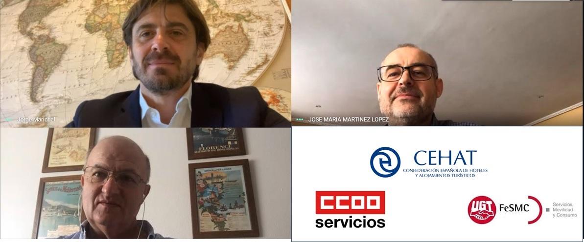 Jorge Marichal, presidente de CEHAT y Ashotel; José María Martínez, secretario general de la Federación de Servicios de CCOO y Miguel Ángel Cilleros, secretario general de la Federación de Servicios, Movilidad y Consumo de UGT