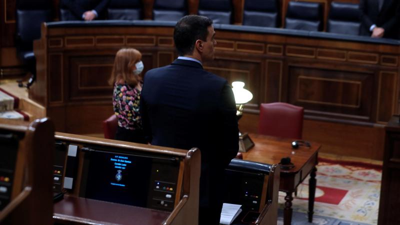 Pedro Sánchez guarda un minuto de silencio por la víctimas de coronavirus en el Congreso. EP