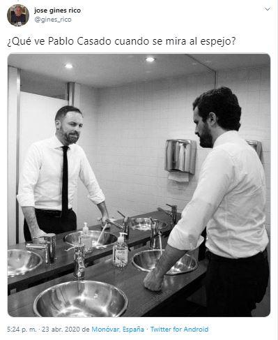 Meme de la foto de Pablo Casado en el baño con Santiago Abascal en el reflejo del espejo