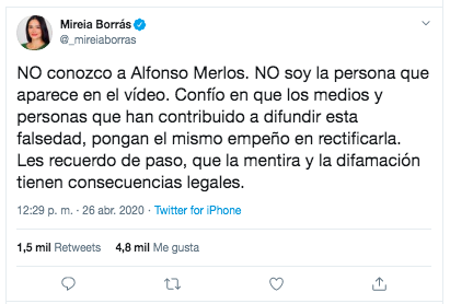 Tuit de Mireia Borrás sobre Alfonso Merlos