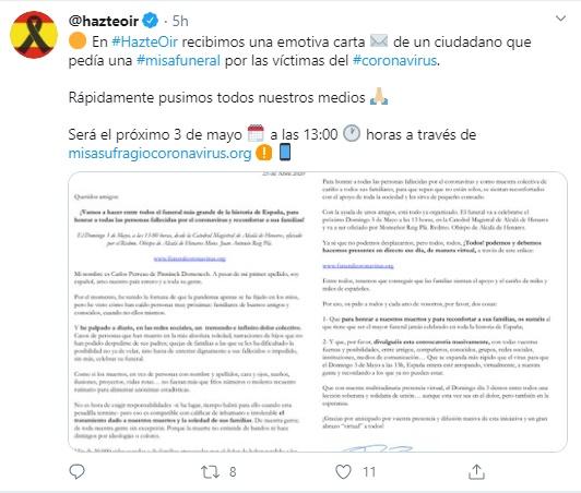 Mensaje de Hazte Oír sobre el funeral de las víctimas del Covid 19 Mensaje de Hazte Oír sobre el funeral de las víctimas del Covid 19
