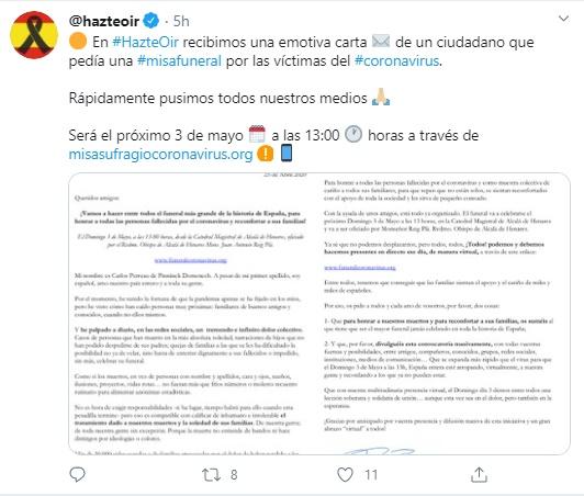 Mensaje de Hazte Oír sobre el funeral de las víctimas del Covid 19