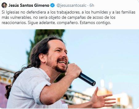 Tuit de Jesús Santos Gimeno, portavoz de Podemos en la Comunidad de Madrid, hablando sobre Pablo Iglesias
