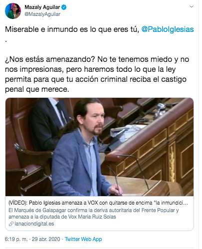 Tuit de Mazaly Aguilar insultando a Pablo Iglesias