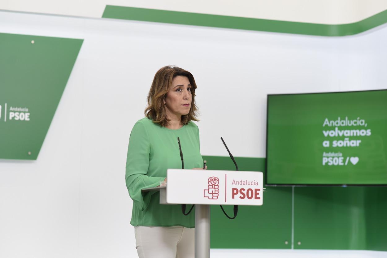 Susana Díaz, en la rueda de prensa de hoy en la sede del PSOE A.