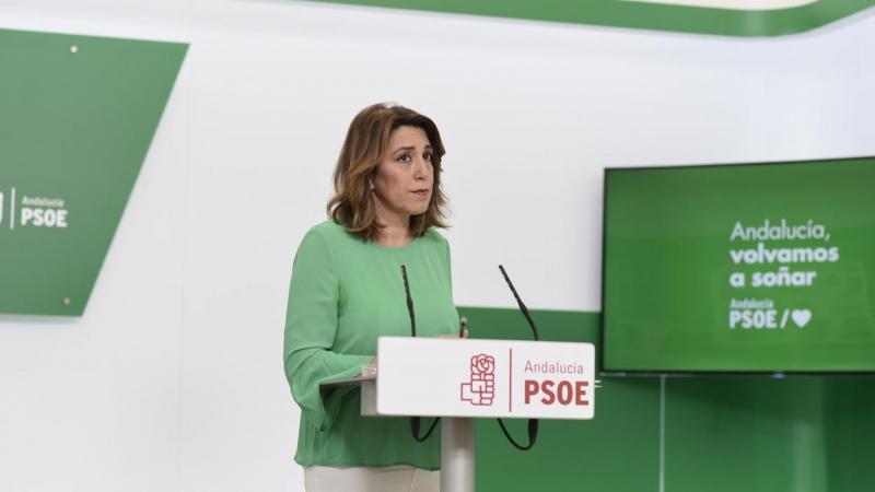Susana Díaz, en la rueda de prensa de hoy en la sede del PSOE A.