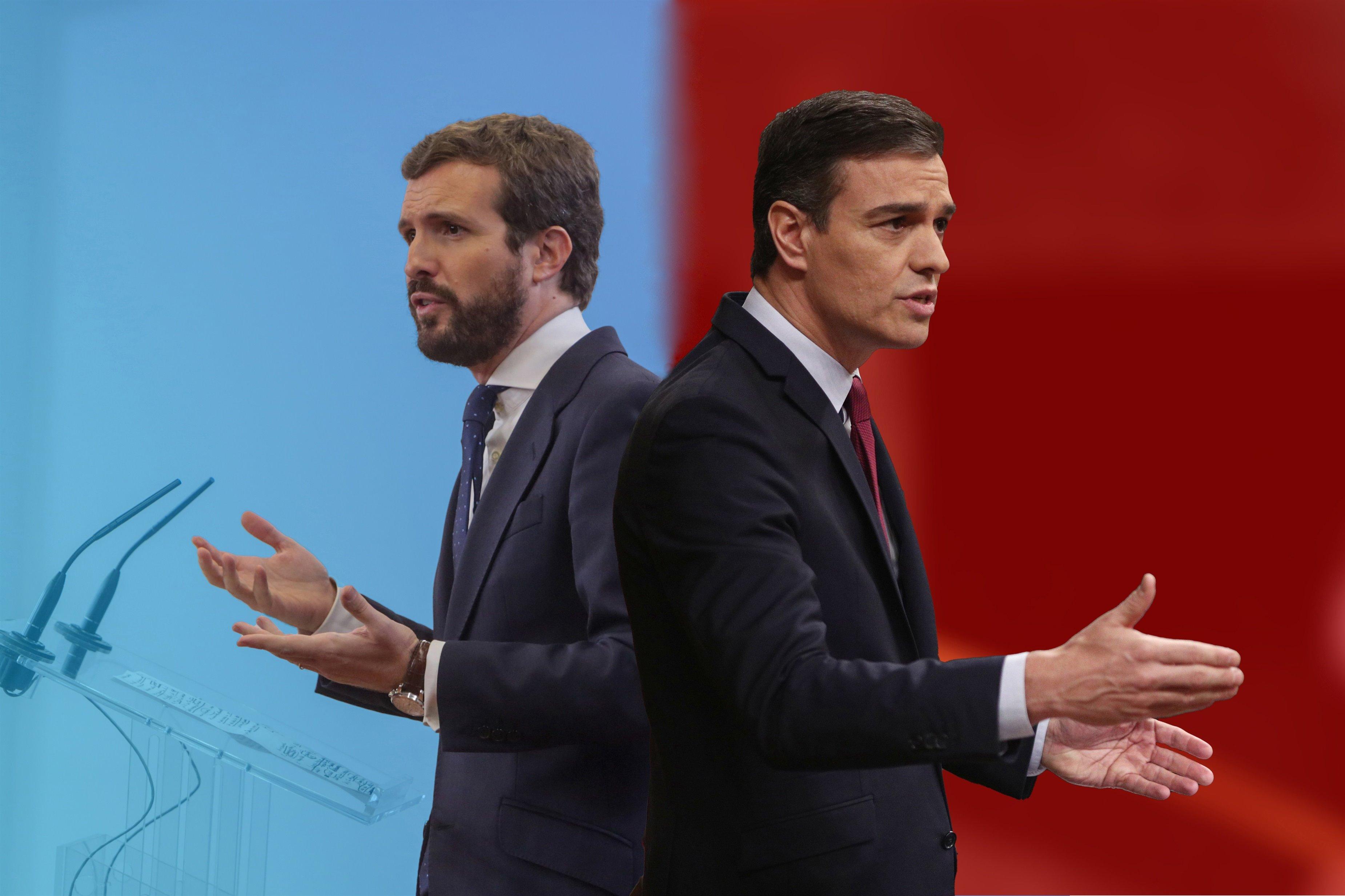 El presidente del PP, Pablo Casado, y el secretario general del PSOE, Pedro Sánchez. Fuente: Europa Press.