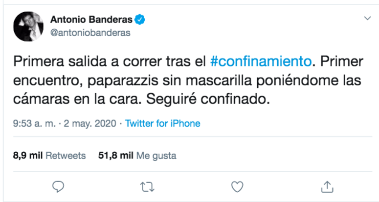 Tuit Antonio Banderas sobre su confinamiento