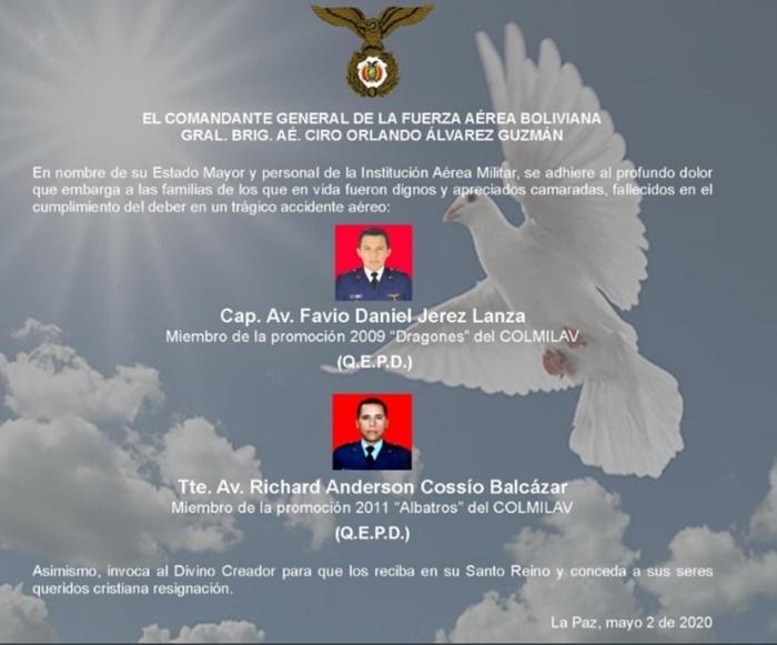 Militares fallecidos accidente avioneta Bolivia