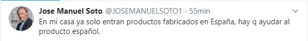 Tuit de José Manuel Soto comentando su iniciativa para ayudar al producto español