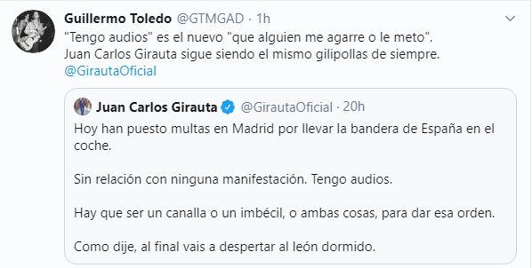 Tuit en el que Willy Toledo llama gilipollas a Juan Carlos Girauta Tuit en el que Willy Toledo llama gilipollas a Juan Carlos Girauta