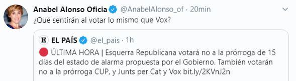 Tuit de Anabel Alonso opinando sobre el "no" de ERC a la prórroga del estado de alarma