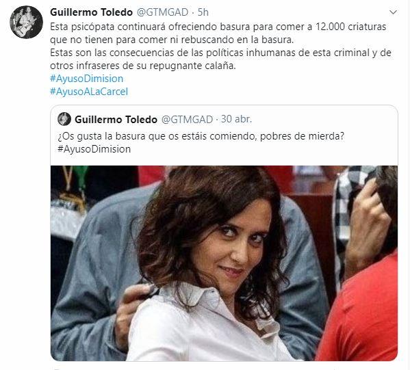 Tuit de Willy Toledo llamando psicópata y criminal a Isabel Díaz Ayuso por lo menús de los niños vulnerables durante la crisis del coronavirus