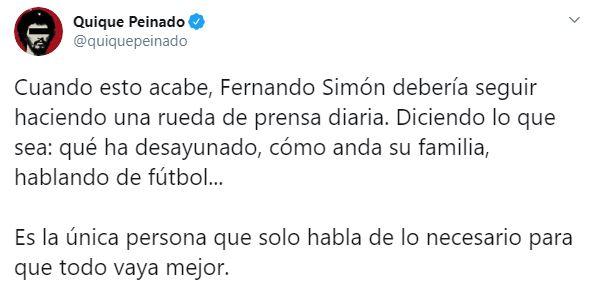Tuit de Quique Peinado hablando sobre Fernando Simón