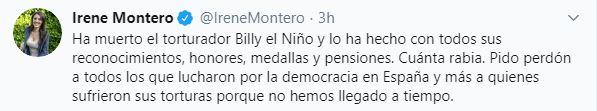 Tuit de Irene Montero tras el fallecimiento de Antonio González Pacheco, Billy el Niño