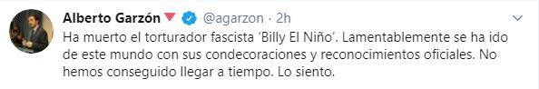 Mensaje de Alberto Garzón, ministro de Consumo, tras morir Billy el Niño