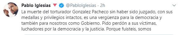 Tuit de Pablo Iglesias, videpresidente del Gobierno, tras la muerte de Antonio González Pacheco