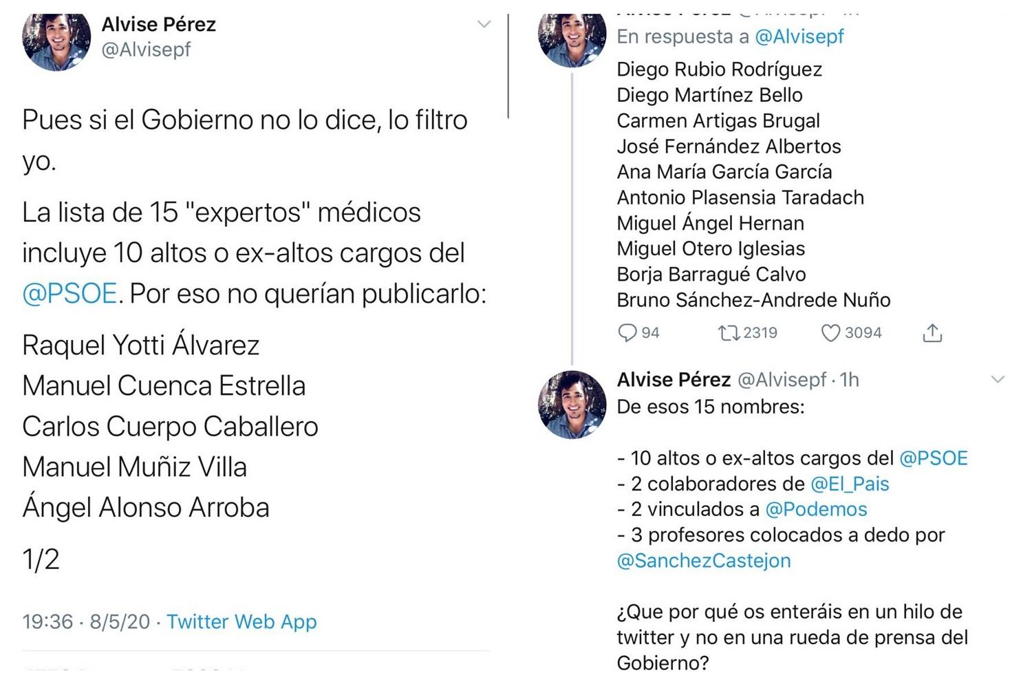Capturas de pantalla de los tuits de Alvise Pérez.