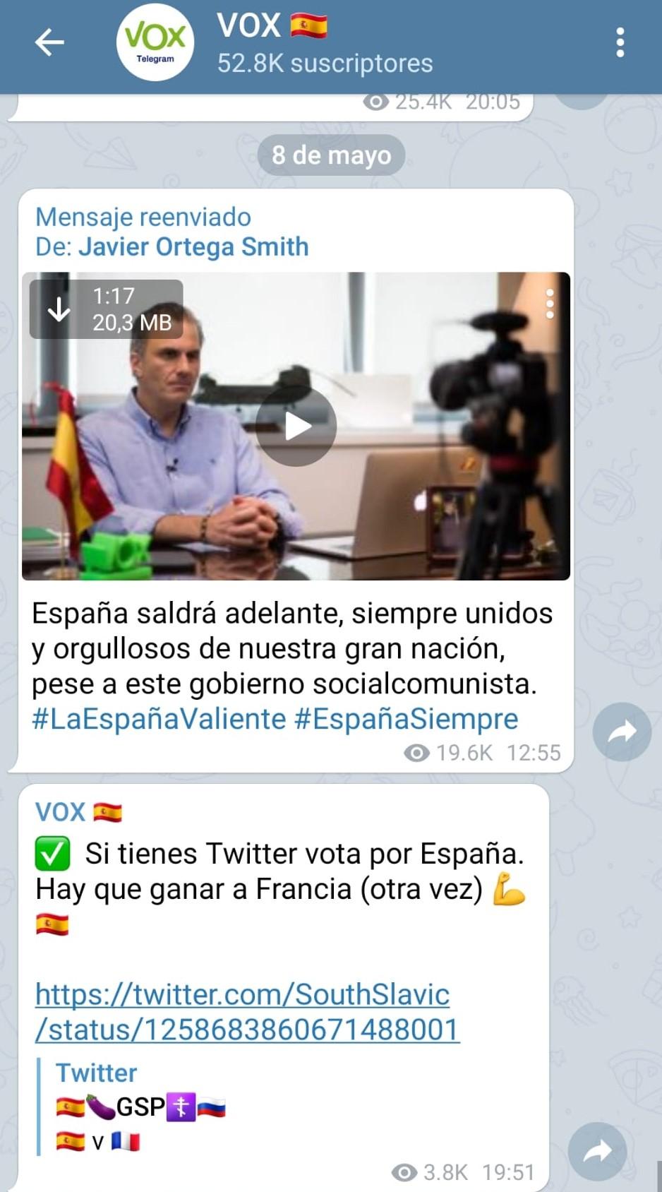 Mensaje de Telegram de Vox sobre la Guerra Mundial virtual