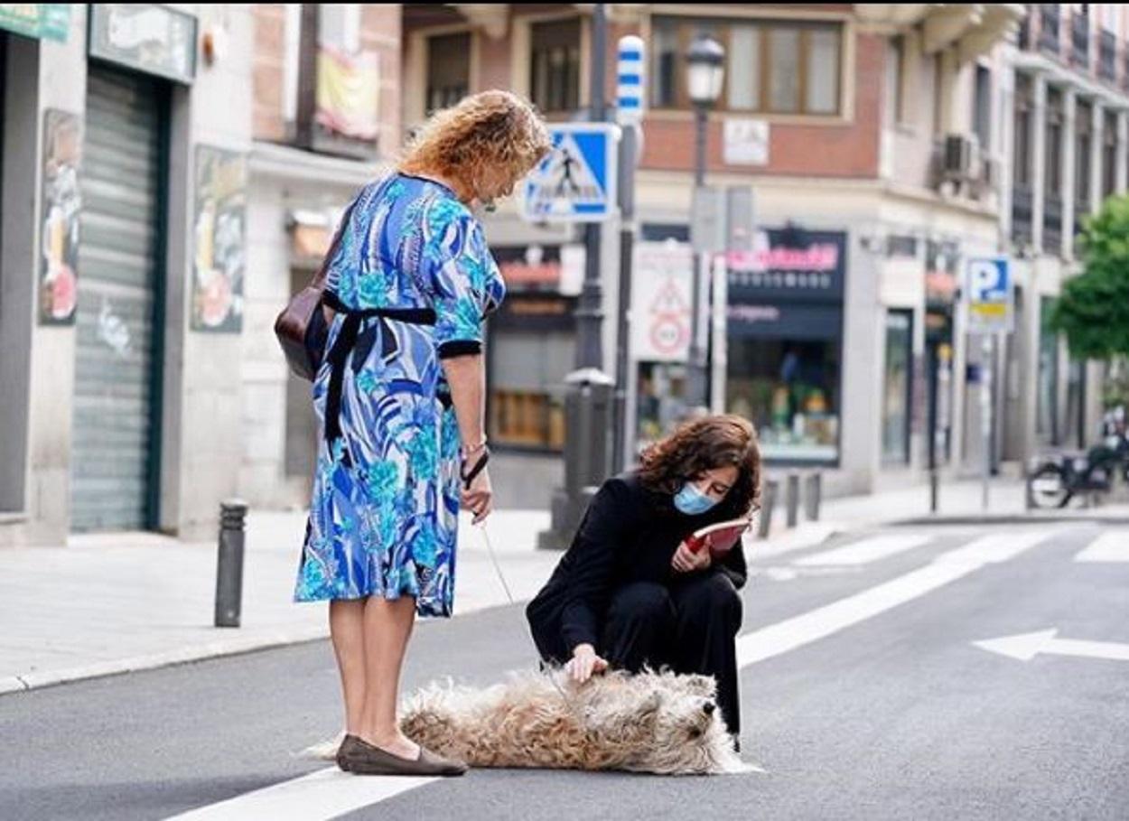 La presidenta de la Comunidad de Madrid, Isabel Díaz Ayuso (derecha), acariciando a un perro. Fuente: Instagram.