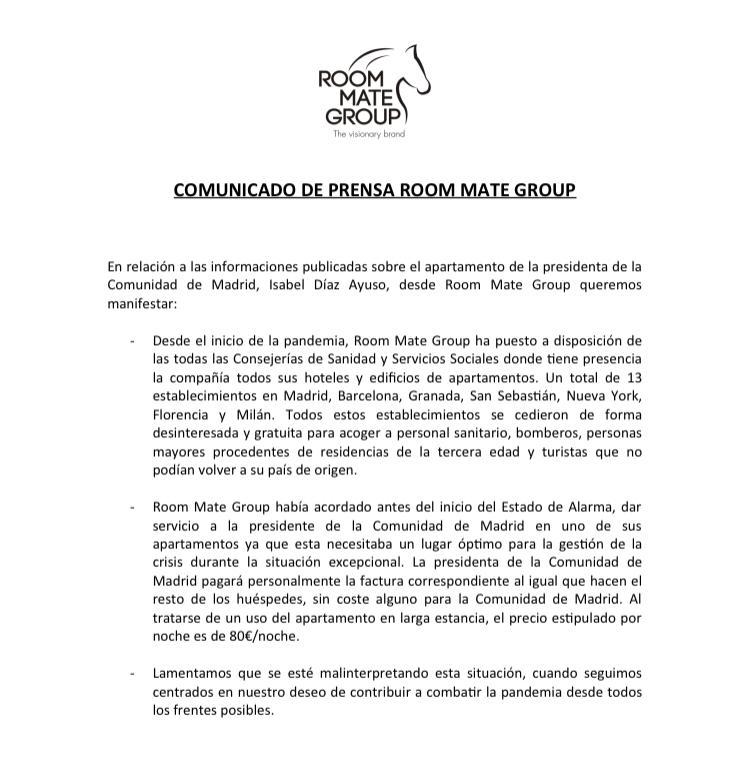 Comunicado de prensa de Room Mate Group