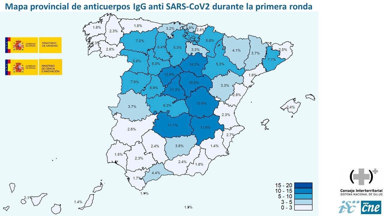 Mapa provisional de anticuerpos durante la primera ronda del estudio de seroprevalencia