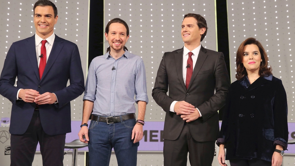 Sánchez, Iglesias, Rivera y Sáenz de Santamaría durante el debate a cuatro de las anteriores elecciones