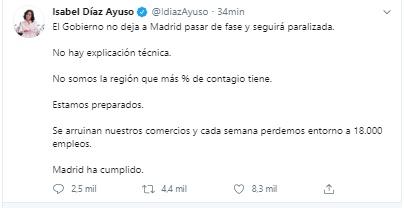 Ayuso critica la decisión del Gobierno de no pasar a fase 1 a Madrid