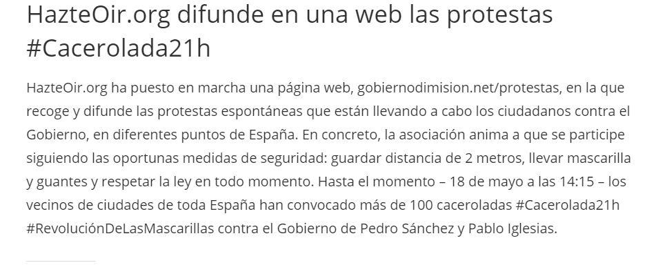 Nota de prensa en la web de Hazte Oír presentado la web "GobiernoDimision.net"