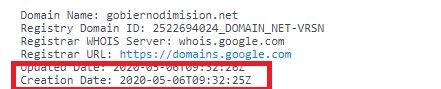 Fecha de creación del dominio "Gobiernodimision.net"